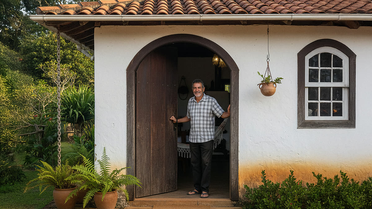 Homem na porta de uma casa de fazenda, imagem de teste de IA